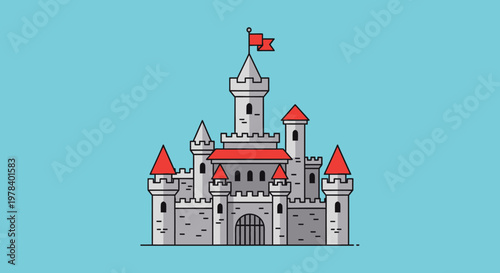 Illustration of a Medieval Stone Castle with Red Roofs and Flag.