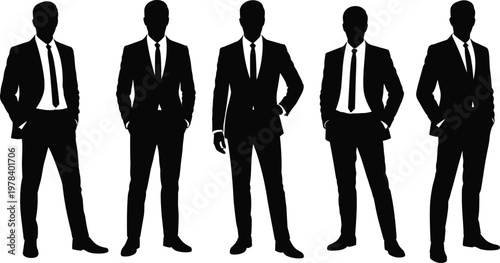 WebBusiness team silhouettes in suits, corporate leadership concept, teamwork unity illustration, flavector