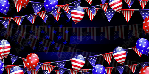Independence Day. Abstract blue card with an American flag silhouette and balloons.