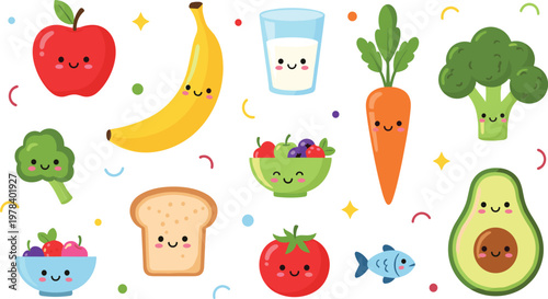 Cute Healthy Food Vector Set with Fruits Vegetables Milk Bread Fish and Kawaii Cartoon Characters in Flat Style for Kids Nutrition Design.