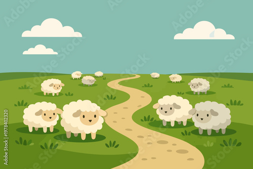 Symmetrical Grazing Sheep in Green Meadow Flat Illustration