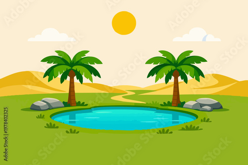 Symmetrical Tropical Oasis and Palm Trees Flat Illustration