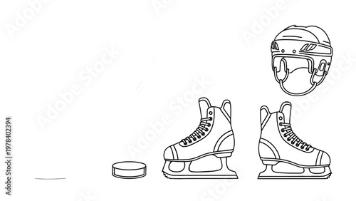 Ice Skating Equipment Sketch: This minimalist sketch of ice skating equipment, consisting of a hockey helmet, skates and puck, evokes a sense of winter sports and recreational activity.