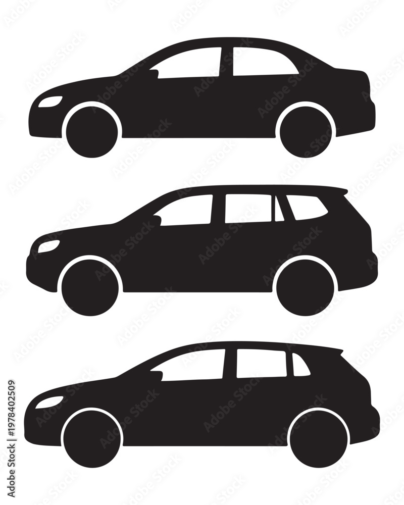 Fototapeta premium Black Car Silhouette Set with Sedan SUV and Hatchback Icons