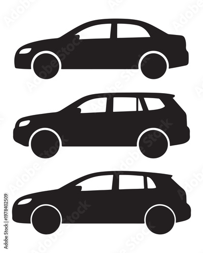 Black Car Silhouette Set with Sedan SUV and Hatchback Icons