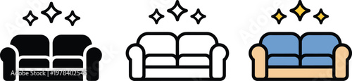 Set of professional sofa icons with sparkling stars representing clean furniture and upholstery services in silhouette and colorful styles.
