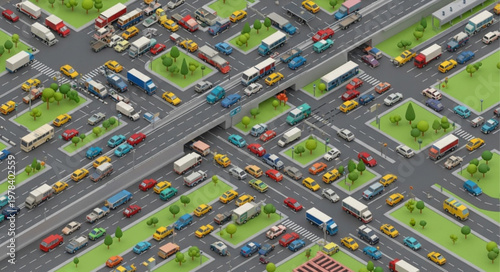 Busy City Traffic Jam on Highway Overpass and Roads.