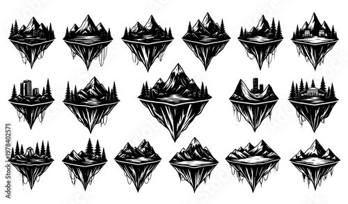 Floating Island Landscape Icon Set Featuring Mountains, Forests, Lakes and Fantasy Nature Elements with Reflection Style for Adventure, Game Design and Creative Graphics