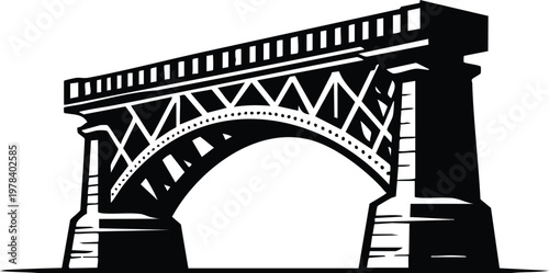 Black and white vector illustration of a railway viaduct bridge architectural landmark for transportation and engineering concepts isolated on white background