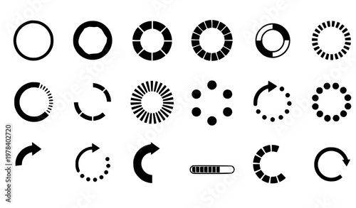 Loading Spinner and Progress Indicator Icon Set Featuring Circular Loaders, Refresh Arrows, Buffering Symbols and Status Elements for UI Design, Apps and Web Interfaces
