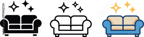 Set of professional sofa icons with sparkling stars representing clean furniture and upholstery services in silhouette and colorful styles