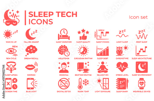 Sleep Tech Icon Set REM Cycle Sleep Stages Sleep Debt Melatonin Timing Chronotype Sleep Apnea Blue Light Exposure Wellness App Vector Illustration