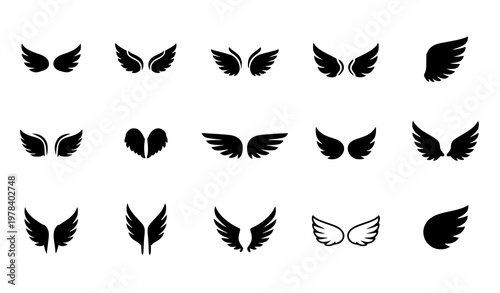 Angel Wings Icon Set Collection with Feathered Bird Wings, Flying Symbols, Fantasy Elements, Tattoo Style Designs for Logos, Spiritual Themes and Decorative Graphics