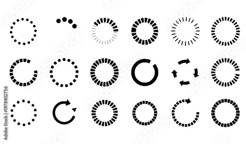 Loading Spinner Icon Set Collection Featuring Circular Progress Indicators, Buffering Symbols, Refresh Arrows, Rotation Elements for UI Design, Apps, Websites and Digital Interfaces
