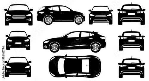 Car Silhouettes: Multiple Views of Modern Vehicle - Front, Side, Top