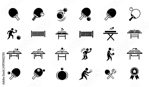 Set of table tennis icons including paddles, balls, players and tables, ping pong sport collection in black silhouette vector illustration