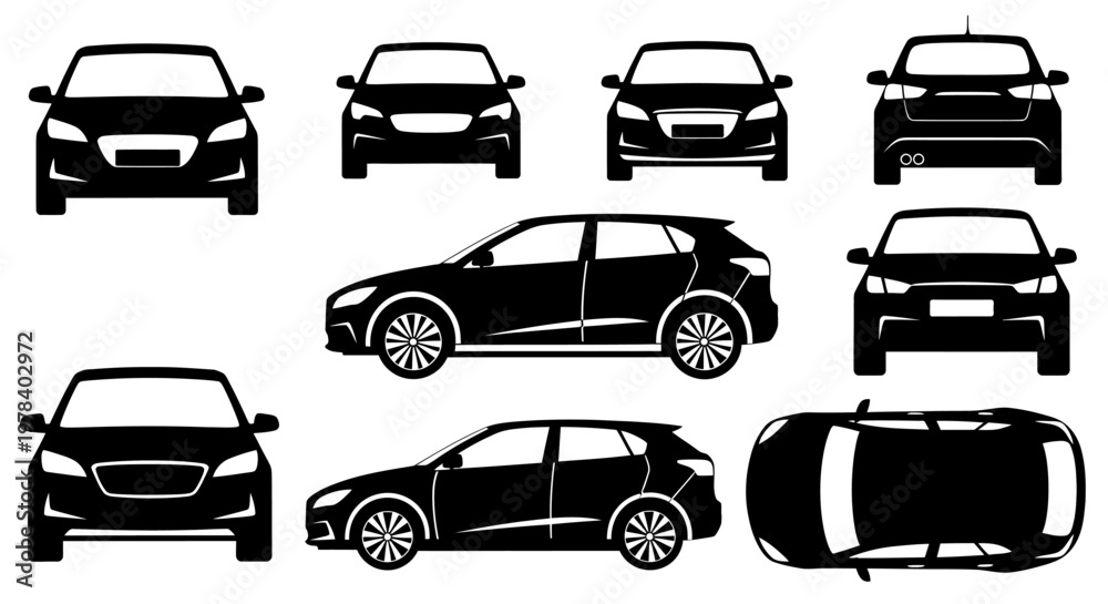 Obraz premium Collection of Black Car Silhouettes: Front, Side, Rear, and Top Views