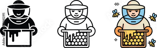 Set of professional beekeeper icons featuring a person in protective gear holding a honey honeycomb frame with bees