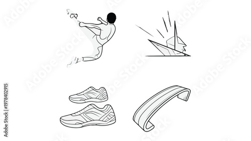 Sports and Action Icons: Dynamic illustrations capture the essence of various sports and activities, from a swift kick to sleek sport equipment, showcasing energy and motion. 