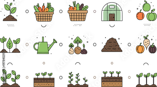 Gardening Process Vector Set with Plant Growth Stages Watering Vegetables Harvest Greenhouse and Organic Farming Elements in Flat Illustration Style.