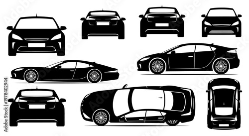 Collection of Black Car Silhouettes from Various Angles
