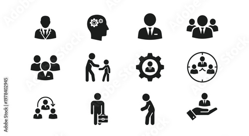 A collection of black silhouette icons representing business teamwork leadership and human resources