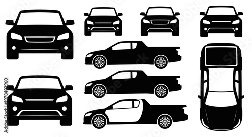 Collection of Black Car Silhouettes: Front, Side, and Top Views