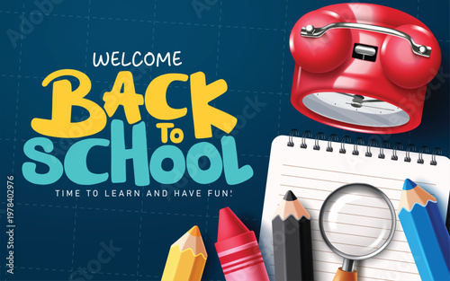 Welcome Back to School greeting clipart banner design. Back to School greeting colorful text clip art with alarm clock, notebook, magnifying glass and color pencil School elements in blue grid line