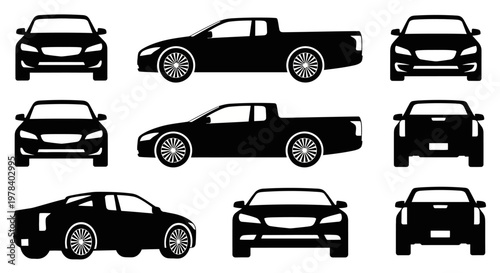 Collection of Black Car Silhouettes: Sedans, Trucks, and Sports Cars