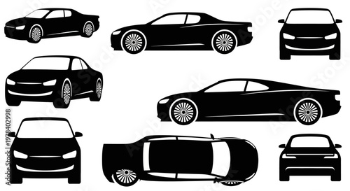 Collection of Black Car Silhouettes: Sports, Sedan, SUV, and Coupe Views