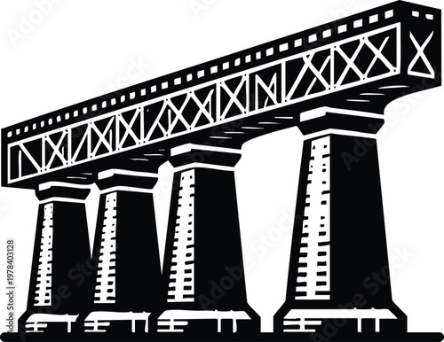 Black and white vector illustration of a railway viaduct a historical engineering structure for transportation and infrastructure projects isolated on white background