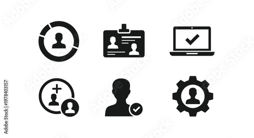 A collection of six black silhouette icons representing data identity and user access