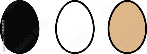 Set of three minimalist egg icons featuring solid black silhouette, thin line art outline, and natural brown organic color styles.