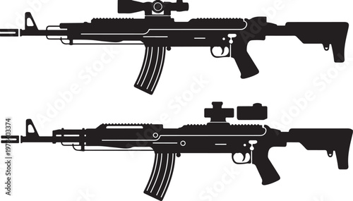 rifle vector illustration pair horizontal silhouettes with scopes mags