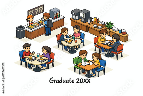 Isometric vector of a campus cafeteria with students chatting at tables