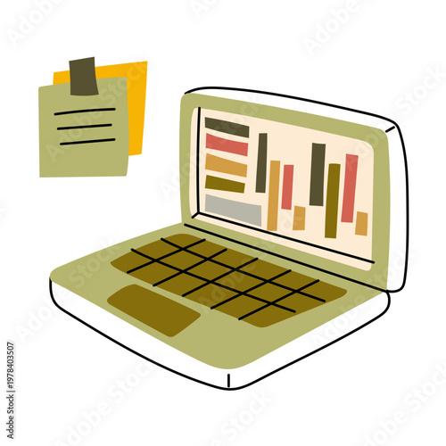 Flat illustration of an open laptop with data on screen and sticky notes. Bright workspace element for business planning, office work, or education project design. Isolated on white background