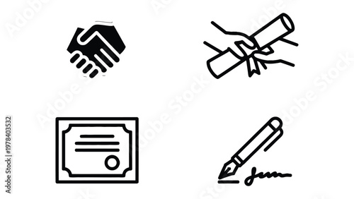 Agreement in Details: A collection of simple icon sets representing handshake, diploma, document and signing the agreement .