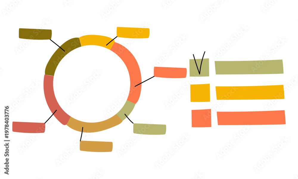 Fototapeta premium Flat illustration of a circular infographic chart with segments, callout labels and a checklist. Bright data visualization element for business presentation, report or planning design. Isolated.