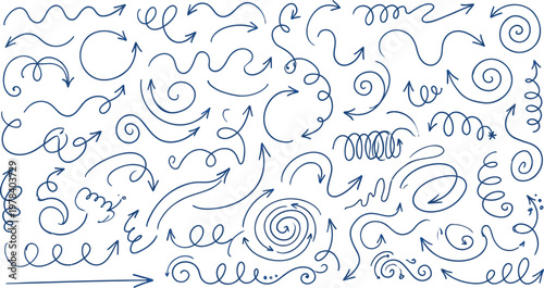 Hand drawn arrows set, vector doodle sketch collection, artistic ink cursors, decorative pointing elements, swirl curl squiggle pointers, marker style graphic design shapes, isolated icons