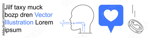 Communication, expression, sentiment, digital feedback, economy, currency. Silhouette of a head with breath, heart icon and currency coin. Communication and expression highlighted