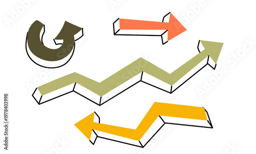 Flat set illustration set of volumetric arrows showing direction and growth trends. Bright navigation and progress elements for business strategy, infographic or presentation design. Isolated