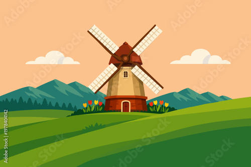 Symmetrical Dutch Windmill and Tulip Garden Flat Illustration