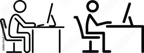 Professional Business Office Worker Sitting at Desk Using Computer Workstation Minimalist Line Art Icon Set for Corporate Workplace Productivity Concepts