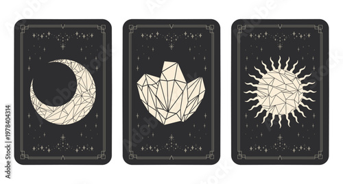 Tarot cards with crystal celestial symbols. Magical esoteric Tarot covers. Vector illustration
