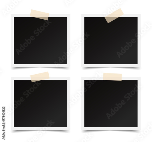 Blank photos stuck with sticky tape set. Photo frames on the wall. Vector illustration