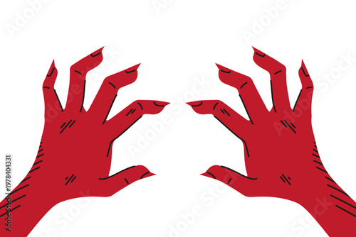 Red devil hands with claws. Hand drawn monster hands isolated on white background. Vector illustration