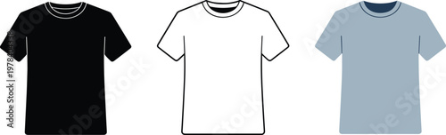 Set of three realistic t-shirt vector templates featuring black silhouette white outline and light blue casual apparel design mockups