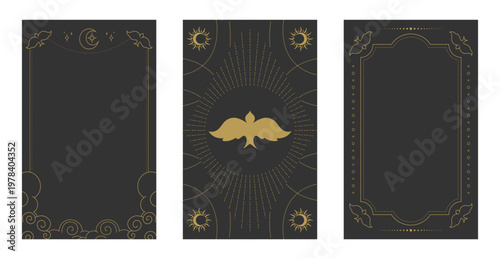 Tarot card frames cover with birds and celestial elements. Front and back side. Vector illustration