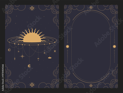 Tarot templates decorated with a Sun and clouds. Tarot card frame and cover. Vector illustration