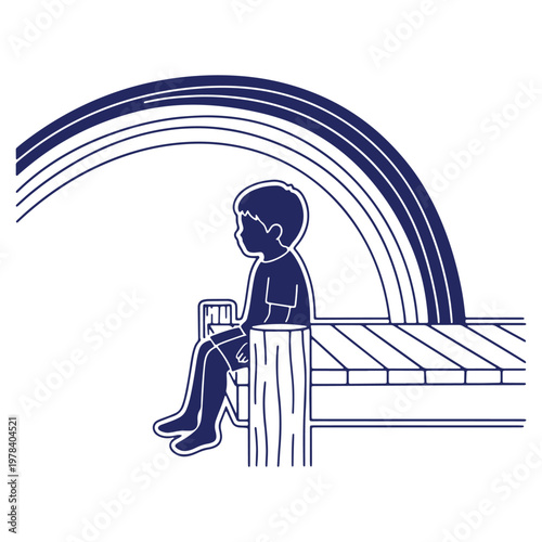 Boy Sitting on Dock Watching Rainbow in Graphic Illustration Style with Tranquil Scene